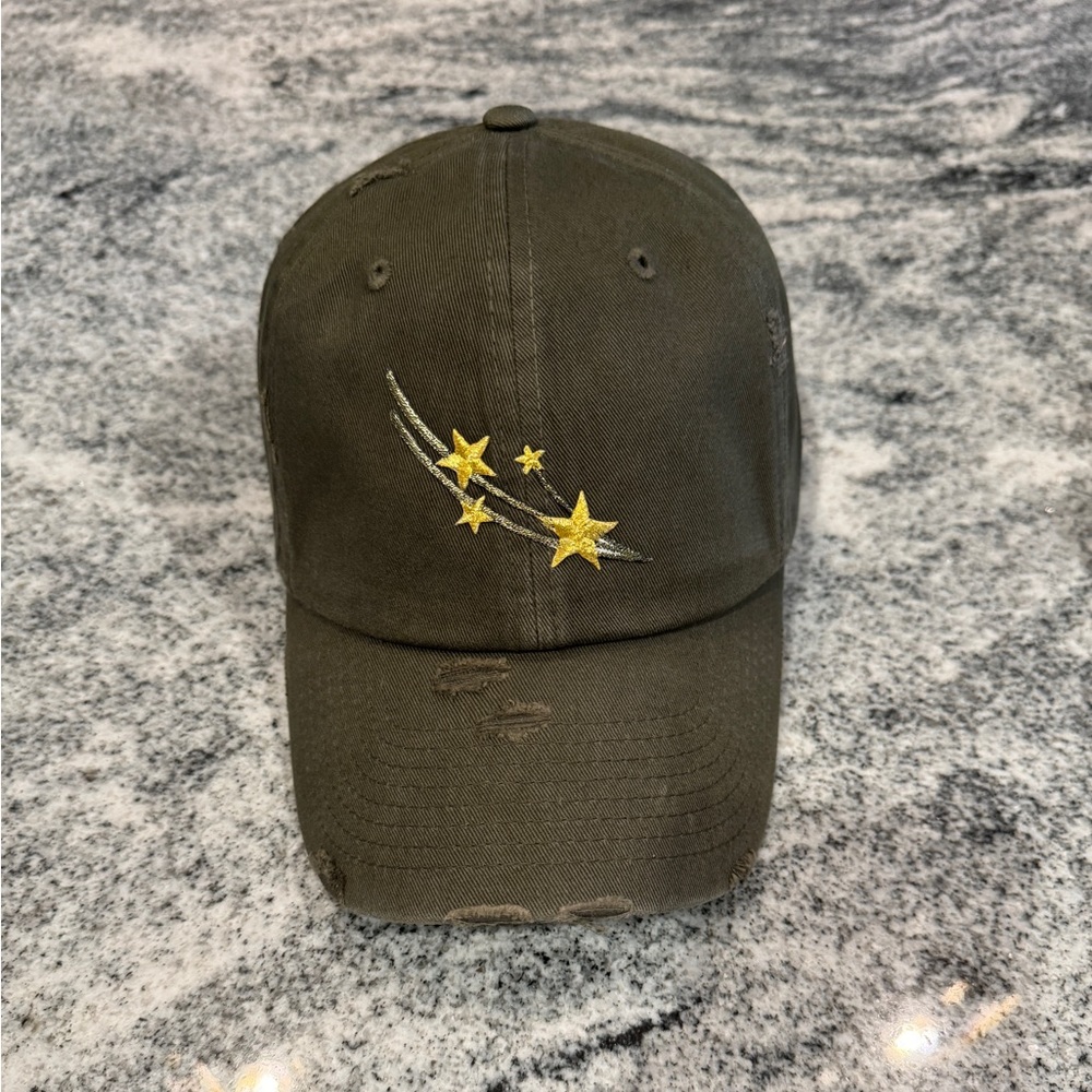 New Custom Designed Olive Distressed Baseball Cap w/ Shooting Stars, Adjustable